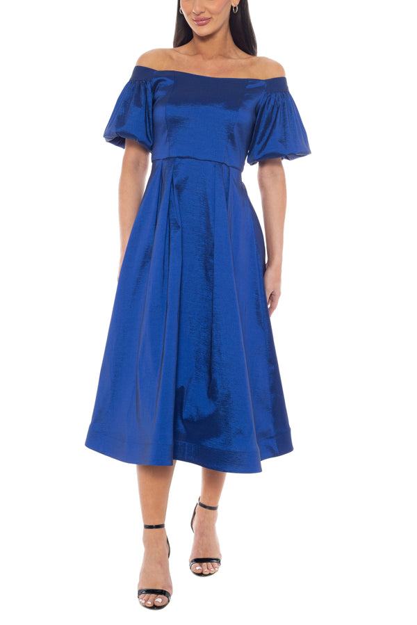 Off-the-Shoulder Short Puff Sleeves Fit and Flare Silhouette Taffeta Dress | Timeless Elegant Fit and Flare Dress | Special Occasion Silhouette