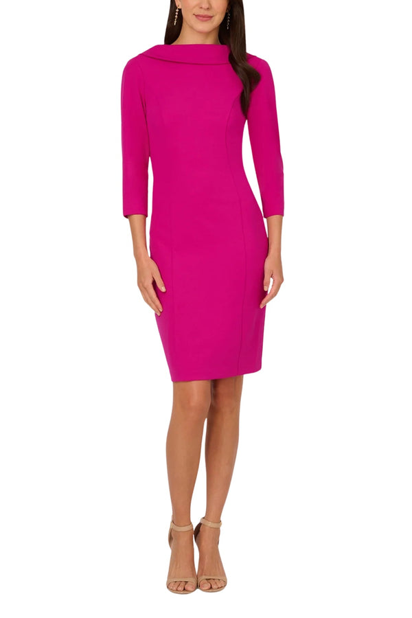 Pink Flambe Cowl Neckline V-Back Zipper Closure Three Quarter Sleeves Knee-Length Sheath Dress | Elegant Statement Sheath Dress | Special Occasion Silhouette
