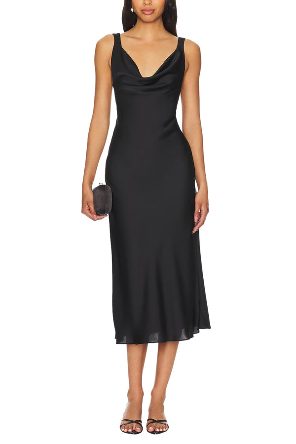 Draped Deep Front and Back Neckline Midi Dress | Refined Modern Midi Dress | Cocktail & Formal Event Essential