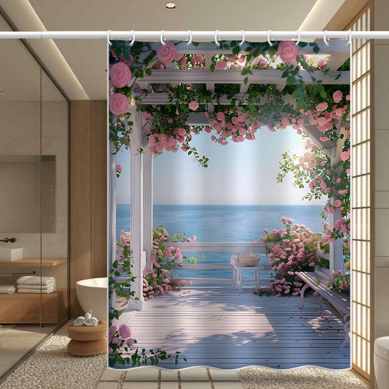 Romantic Rose Pergola Sea View Shower Curtain – Garden & Balcony Style, Waterproof & Mildew Resistant Polyester, 180×180cm Bathroom Decor