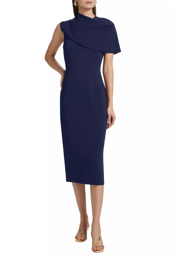 Asymmetric Neckline Cape Sleeve Back Zip Closure Midi Dress | Modern Elegant Midi Dress | Cocktail & Gala Event Silhouette