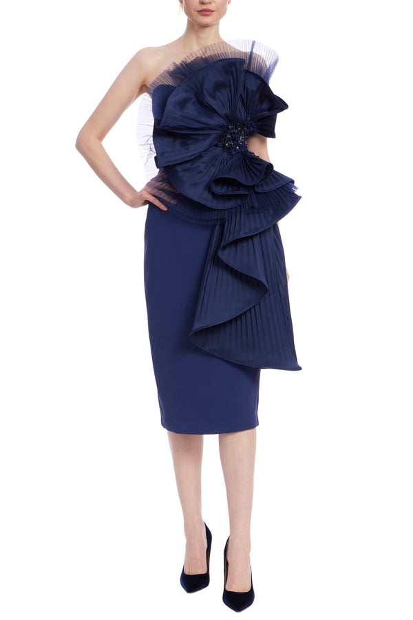 Pleated Pinwheel Ruffle Drape Sleeveless Midi Dress | Sophisticated Elegant Midi Dress | Special Occasion Silhouette