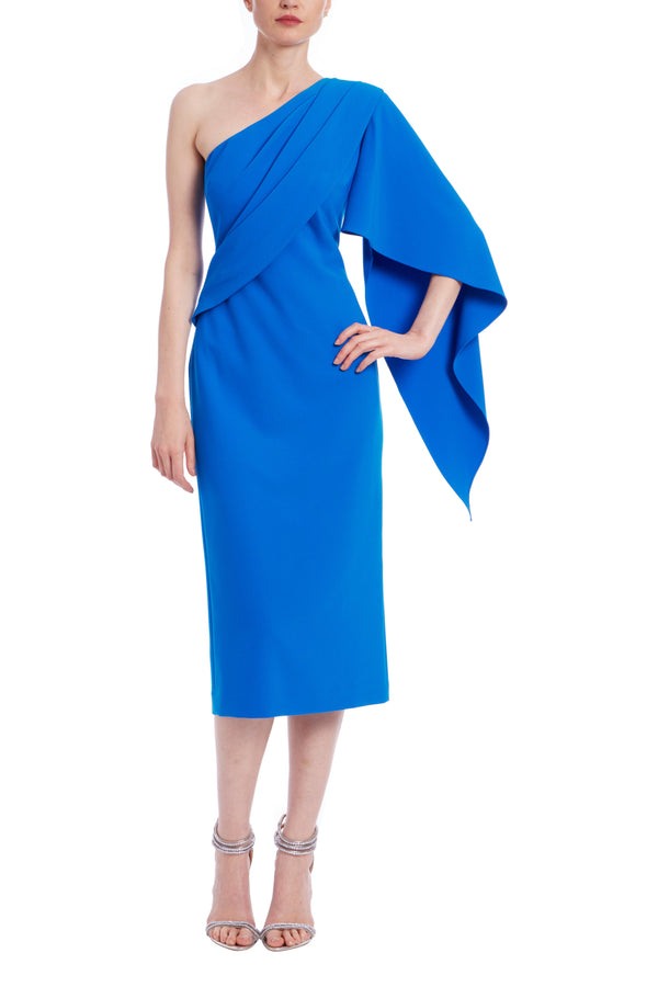 Asymmetrical Pleats One-Shoulder Quarter Length Sleeves Draped Sheath Midi Dress | Sophisticated Modern Midi Dress | Formal Event Silhouette